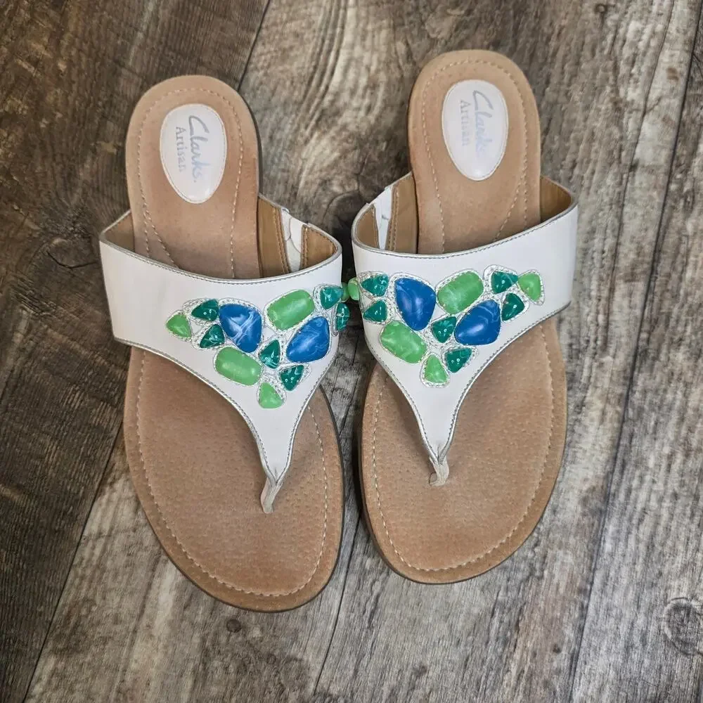 Clarks Artisan Beaded Sandals Leather Thong Flip Flops Boho Coastal 9